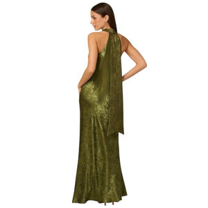 ADRIANNA PAPELL Foiled Chiffon Mermaid Halter Gown Drape Back Dark Olive Size 14